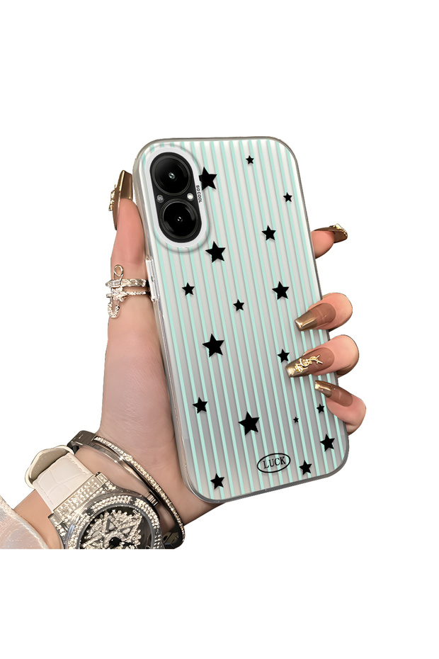 Realme C67 4g Compatible Edge Striped Black Star Pattern Protective Case Acrylic Hard Back Silicone Edge