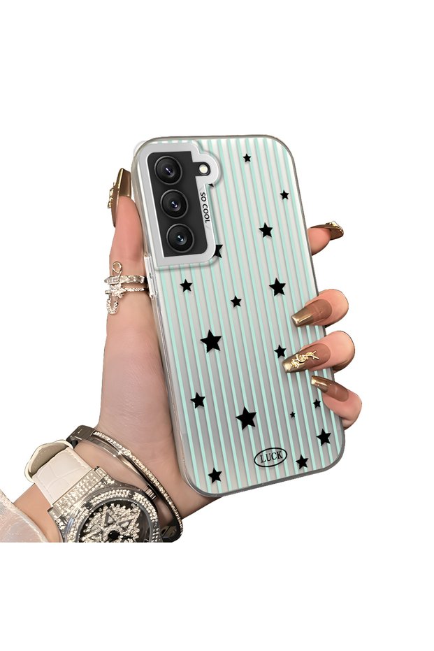 Samsung Galaxy S22 Compatible Edge Striped Black Star Pattern Protective Case Acrylic Hard Back Silicon Edge