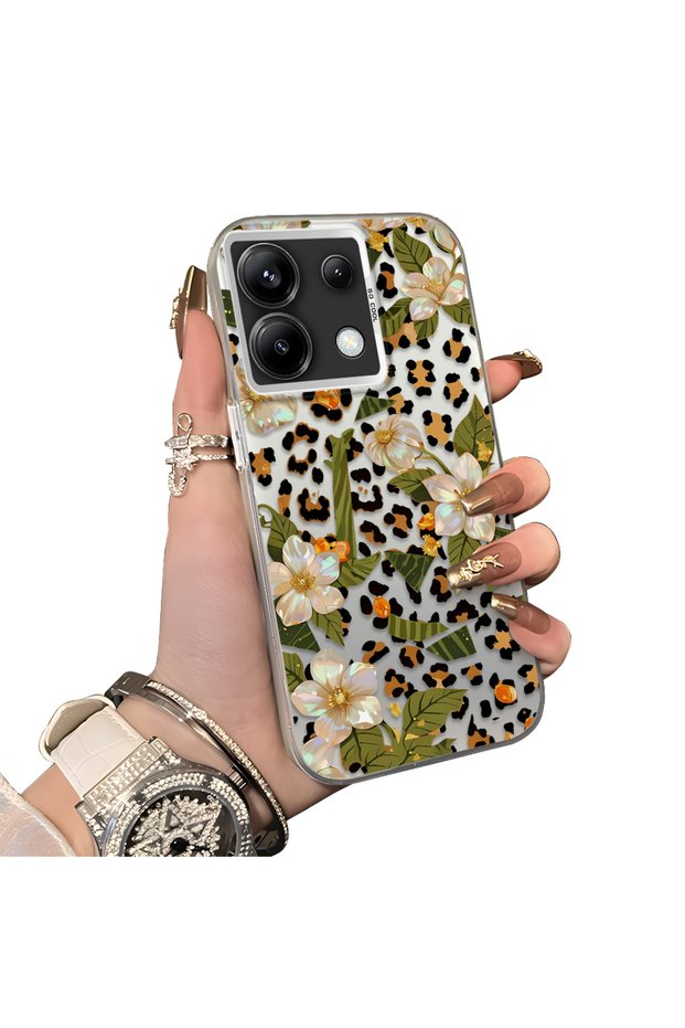 Xiaomi Poco X6 Compatible Aesthetic Floral-Leopard Pattern Case Acrylic Hard Back Silicone Edge
