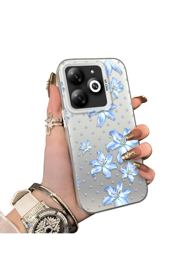 Infinix Smart 8/8 Pro/8 Plus Compatible Acrylic Hard Back Panel with Silicone Edges Blue Flower Printed Phone Case