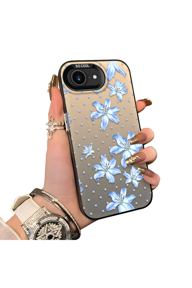 iPhone 16E Compatible Acrylic Hard Back Panel Silicone Edged Blue Flower Printed Phone Case