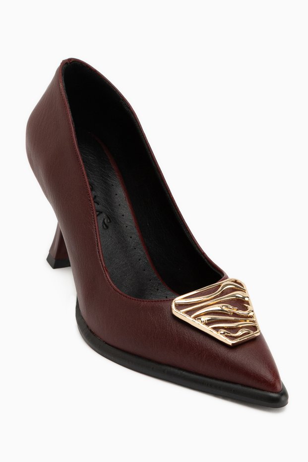 Danya Genuine Leather Burgundy Buckle Women's Heeled Shoes