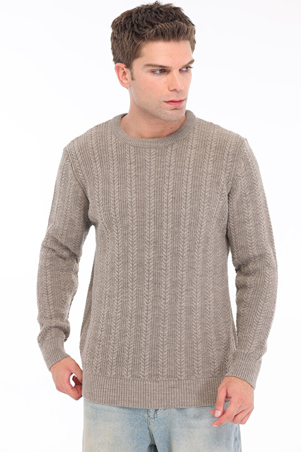 Mink Men's 80% Wool 20% Acrylic Thin Hair Knitted Patterned Crew Neck Knitwear Sweater Trist-5373