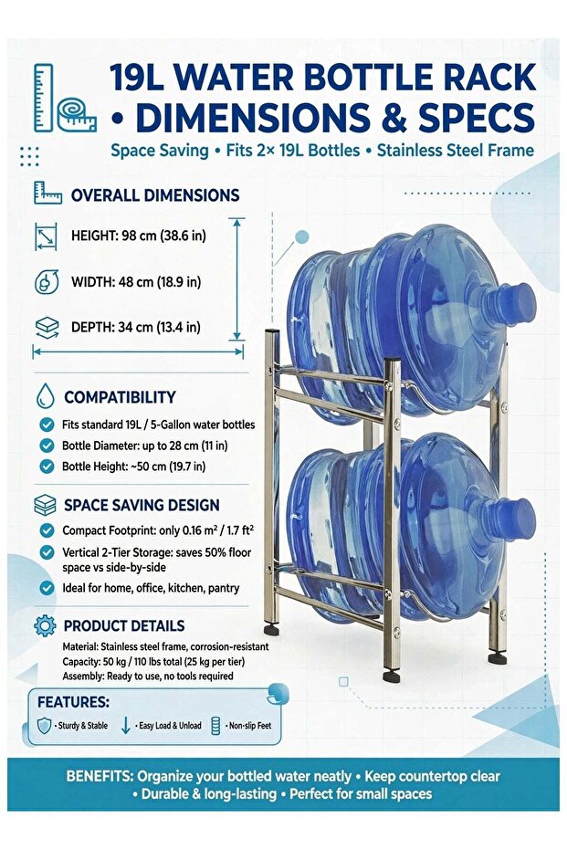 Water Bottle Storage Rack EU-364363 – 1PCS Two Tier Bucket Organizer Stand, Strong Metal Construction, Space Saving Floor Storage Rack for Drinking Water Bottles, Home, Office, Kitchen and Restaurant