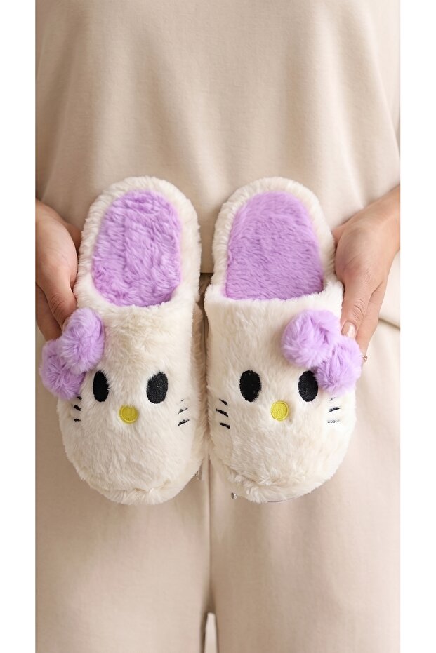 Women's Lilac Hello Motif Furry House Slippers 3 cm Byndti̇mjhk01