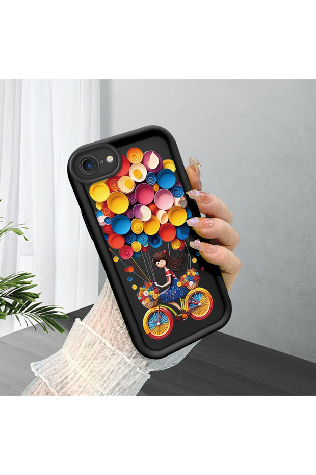 iPhone 7/8/Se 2020 2022 Compatible Black Silicone Bicycled Girl Balloon Pattern Camera Protected Shock Absorbing Protective Case