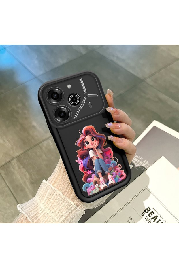 Tecno Pova 6/Pova 6 Pro Compatible Black Silicone Case Cute Cartoon Girl Pattern Shock-Absorbing Protective Case with Camera Protection