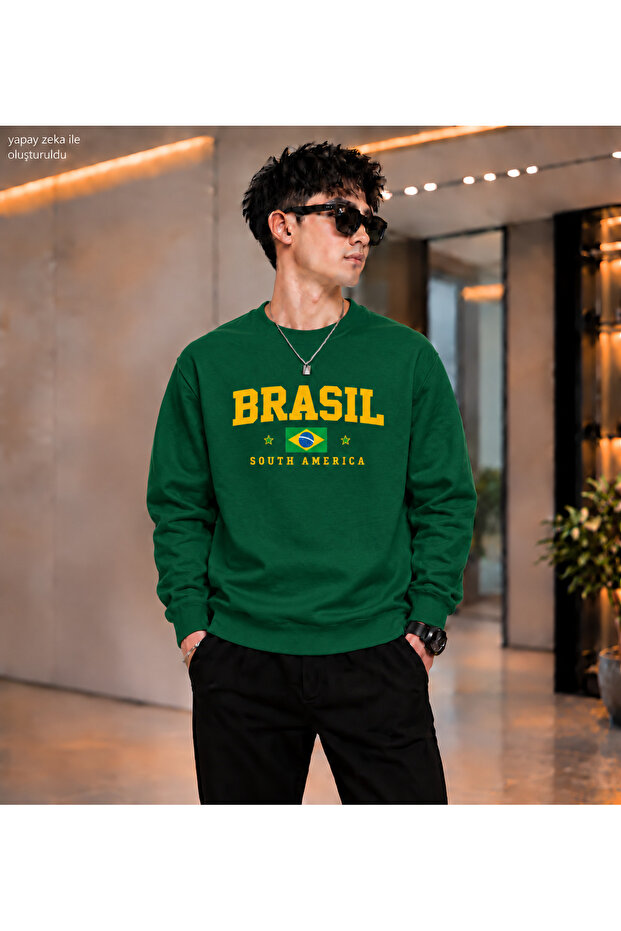 Men's Brasil Brazil Flag Printed Crew Neck Casual Regular Fit Sweatshirt