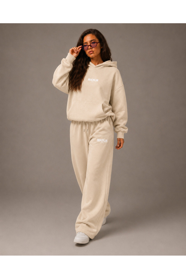 Unisex Women's and Men's Minimal Text Printed Oversize 3 Thread Hooded Sweatshirt and Baggy Sweatpants