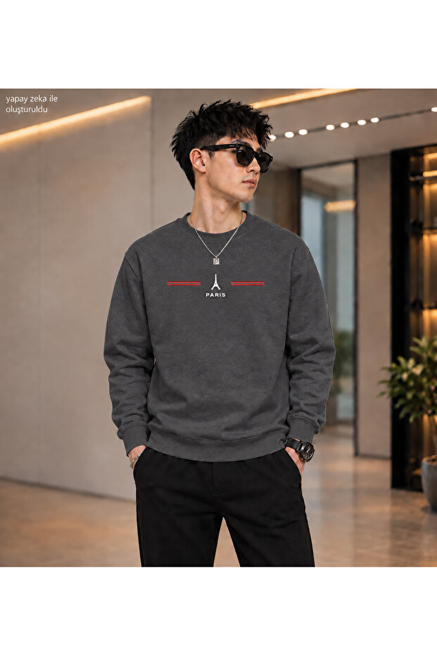Men's Paris Eiffel Tower Printed Crew Neck Casual Regular Fit Sweatshirt