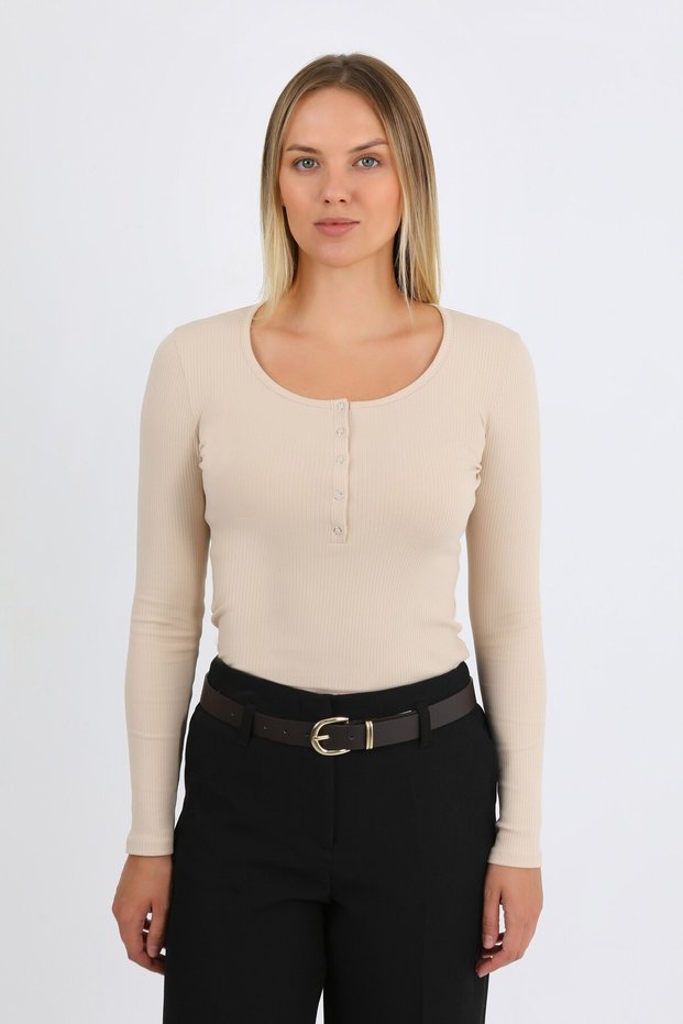 Women's Beige Long Sleeve Ribbed Basic Knitted Blouse with Snap Buttons - H6172