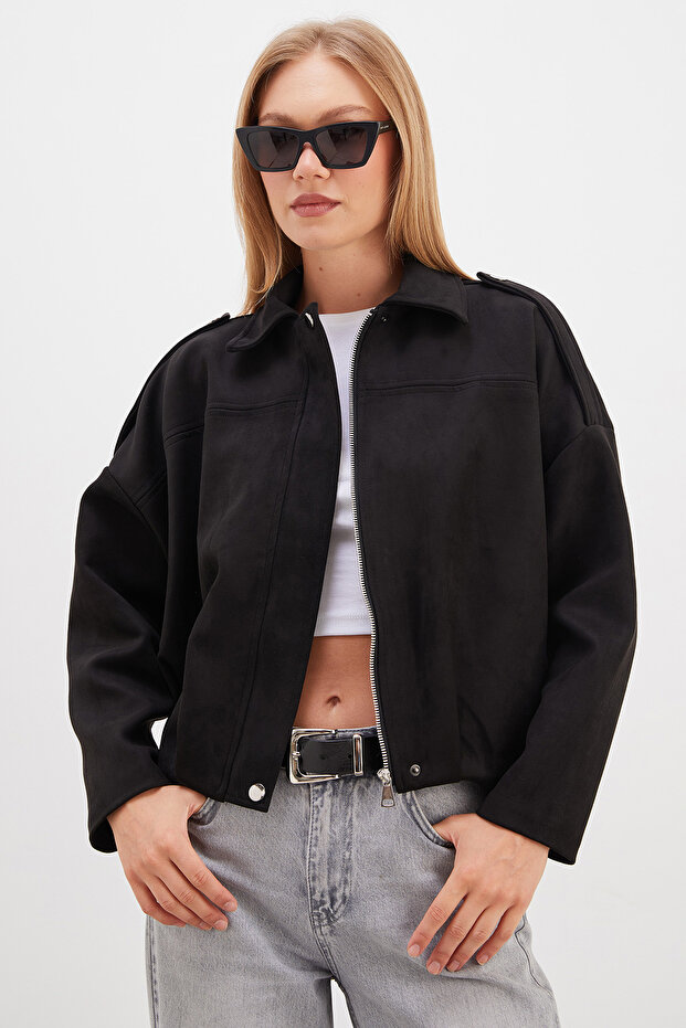 Zippered Polo Neck Suede Bomber Jacket