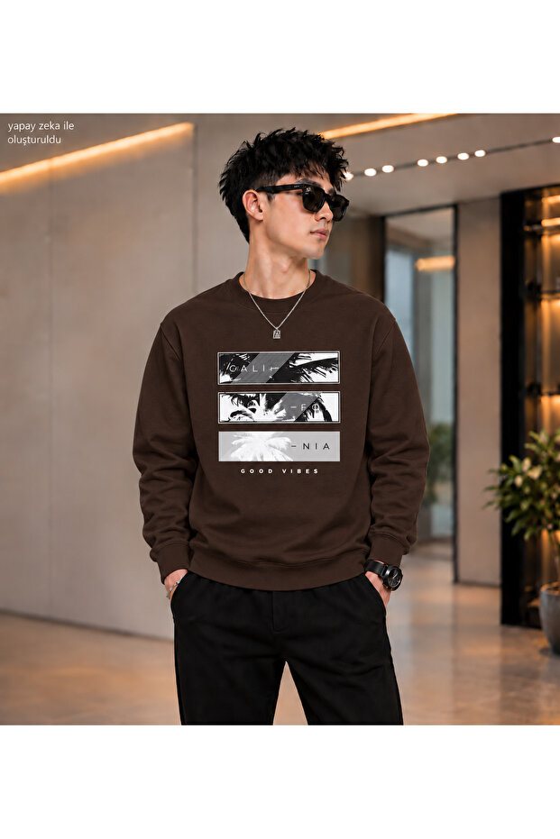 Men's California Good Vibes Palm Tree Printed Crew Neck Casual Regular Fit Sweatshirt