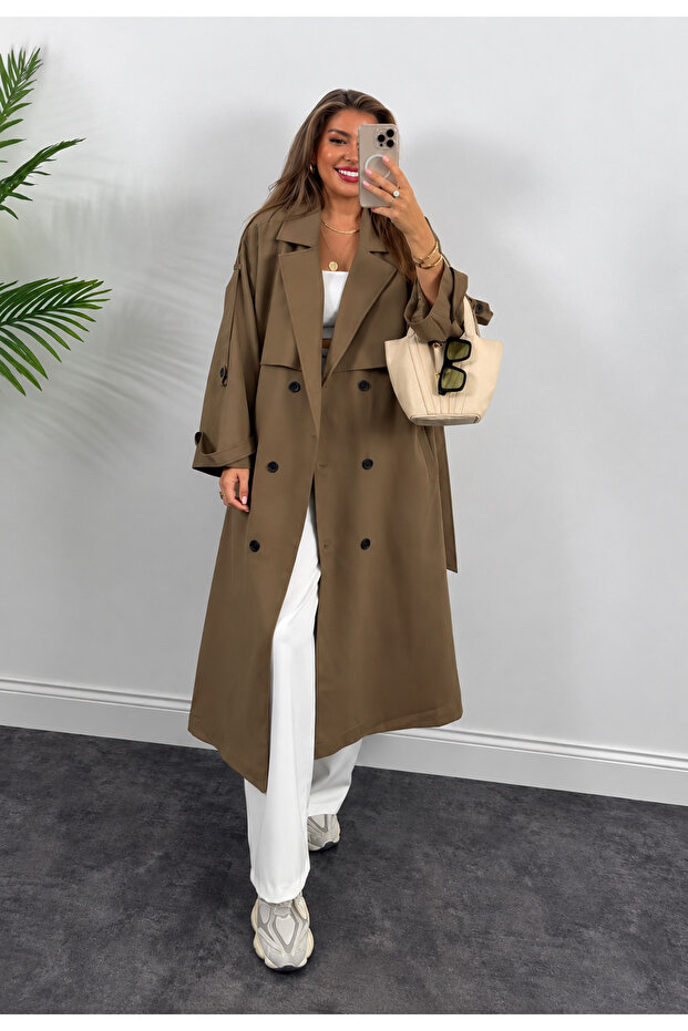 Caramel Button Detailed Oversized Trench Coat - 2Y9476