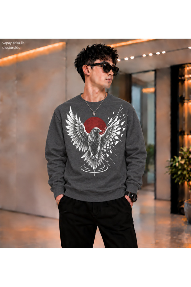 Men's Raven Crow Printed Crew Neck Casual Regular Fit Sweatshirt