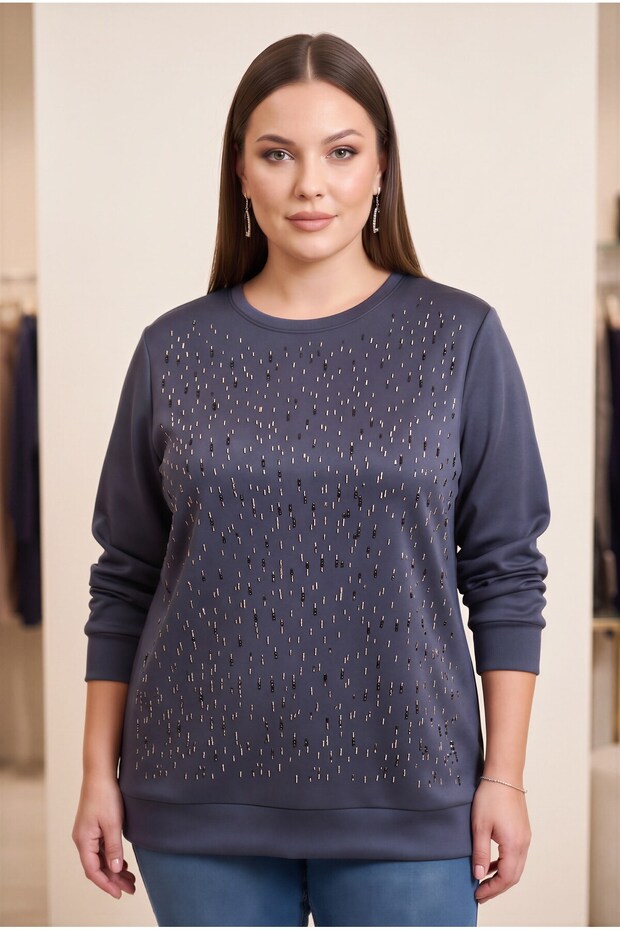 Stone Detailed Large Size Modal Knitted Sweatshirt Navy Blue