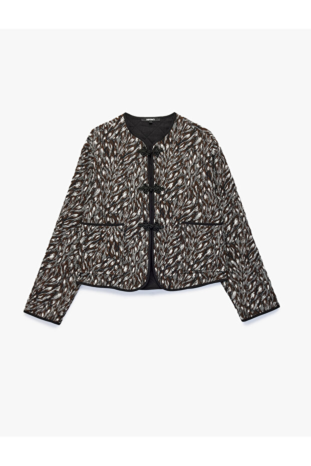 Crew Neck Long Sleeve Double Pocket Ornamental Buttoned Patterned Quilted Jacket
