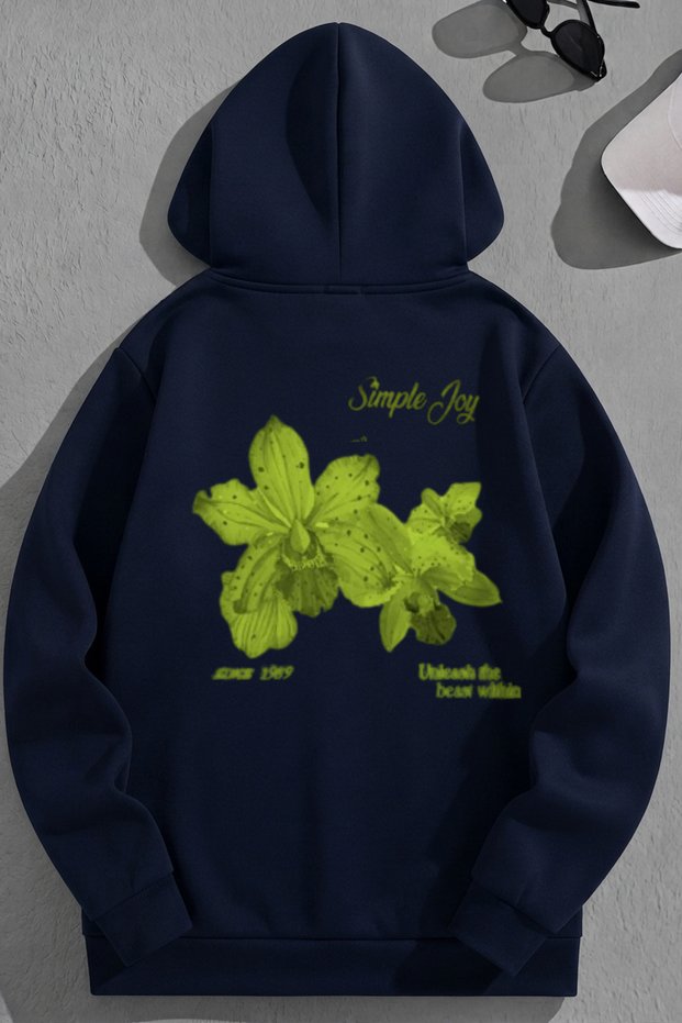 Unisex 3 Thread Cotton Navy Blue Simplejoy Print Loose Fit Sweatshirt Hoodie