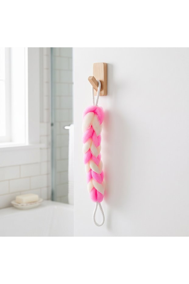 Long Braided Back Bath Loofah Double Handle Drawstring Shower and Body Cleansing Scrubber