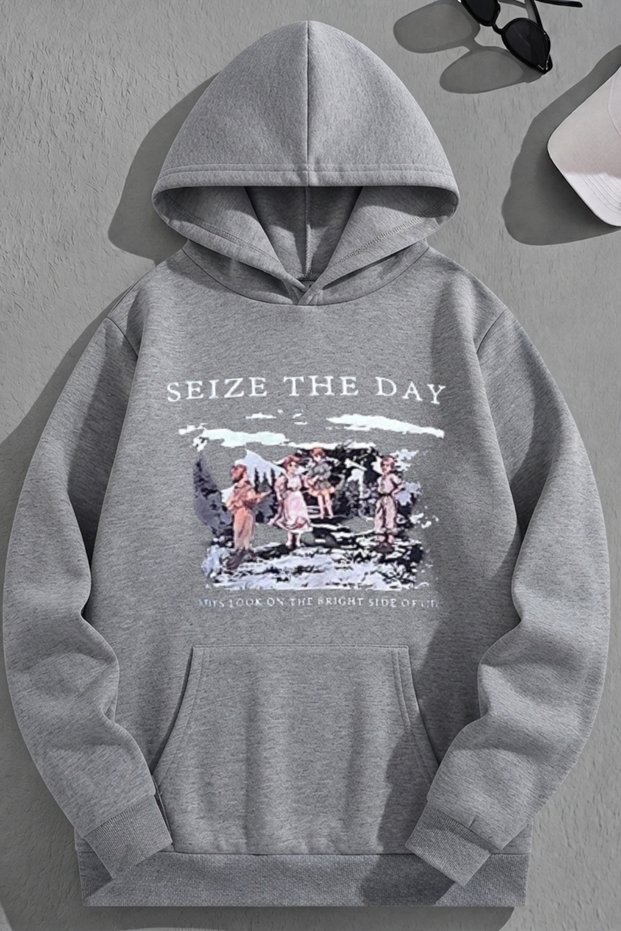 Unisex 3 Thread Cotton Gray Seizetheday Print Loose Fit Sweatshirt Hoodie