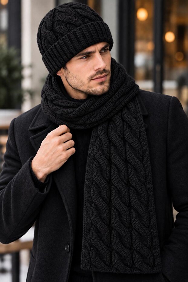 Men's Wool Scarf Beanie Set, 2-Piece Winter Wool Hair Knit Patterned Beanie and Scarf Set, Gift for Men