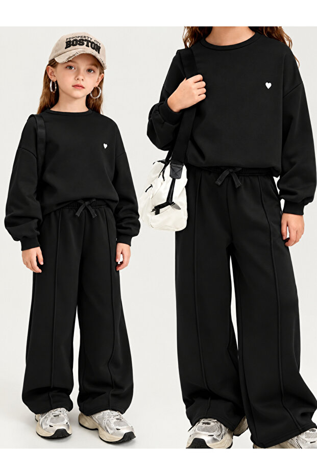 Girl's Heart Printed Crew Neck Sweatshirt and Sweatpants 2-Piece Set