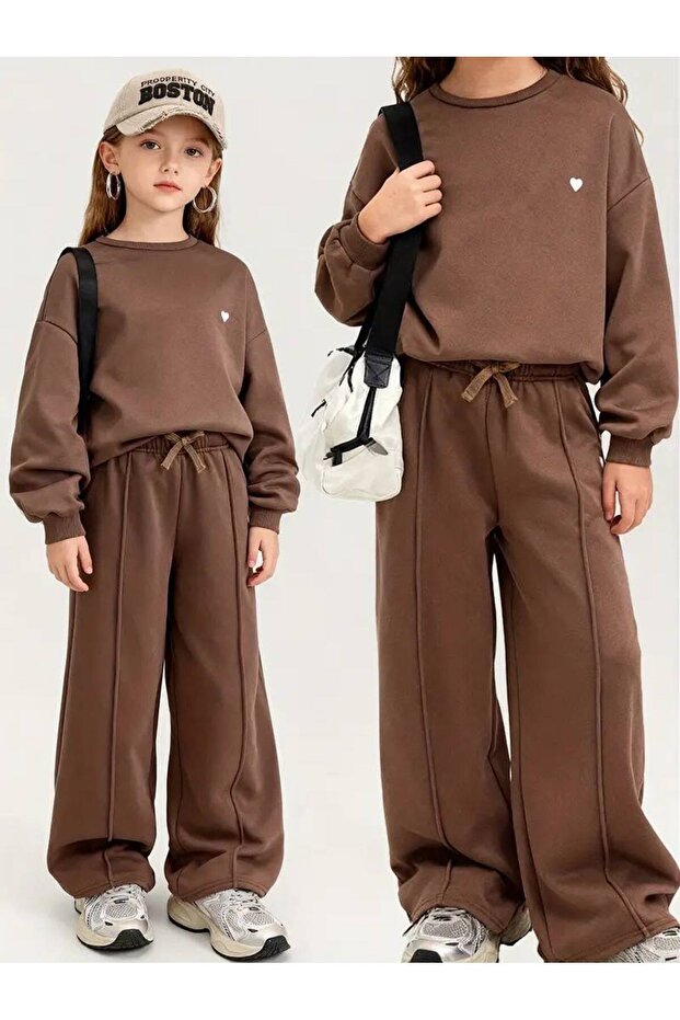 Girl's Heart Printed Crew Neck Sweatshirt and Sweatpants 2-Piece Set