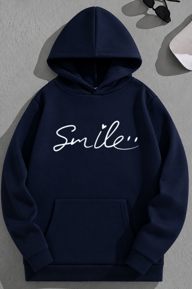 Unisex 3 Thread Cotton Navy Blue Smile Print Loose Fit Sweatshirt Hoodie