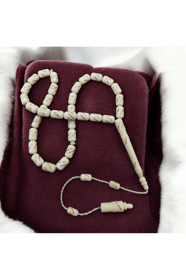 Camel Bone Capsule Cut Brass Dot Embroidered System Tassel Rosary
