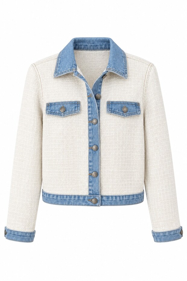 Denim Detailed Tweed Jacket Ecru