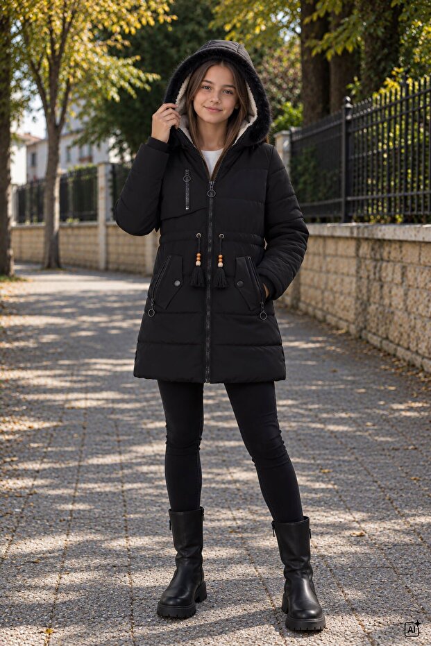 Black Girl's Plush Fur Inside, Tassel Detailed, Removable Hooded, Long Cut Coat 24866