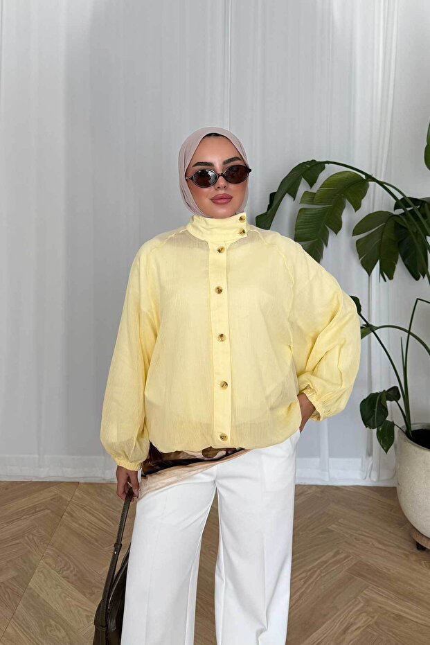 Women's Collar Button Detail Tulle Shirt Yellow