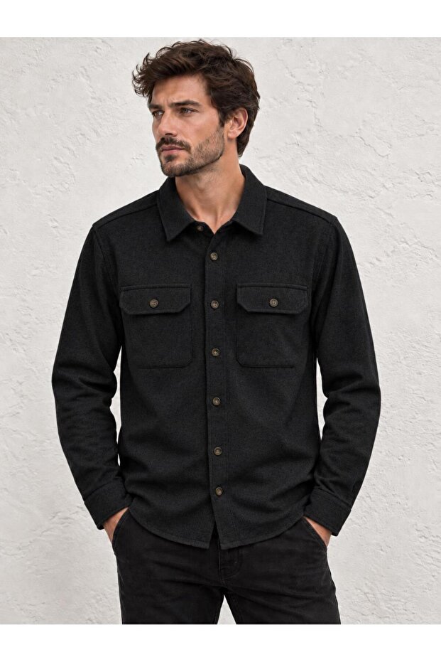 Men's Black Long Sleeve Regular Fit Double Pocket Shirt