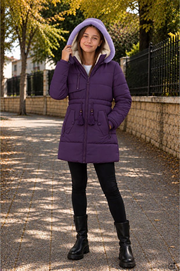 Purple Girls' Plush Fur Inside, Tassel Detailed, Removable Hooded, Long Cut Coat 24871