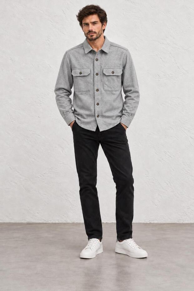 Men's Light Gray Long Sleeve Regular Fit Double Pocket Shirt