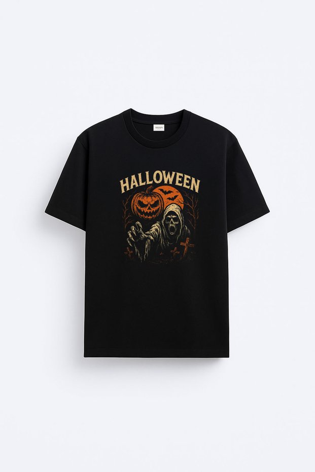Halloween Pumpkin Printed Black Crew Neck T-Shirt
