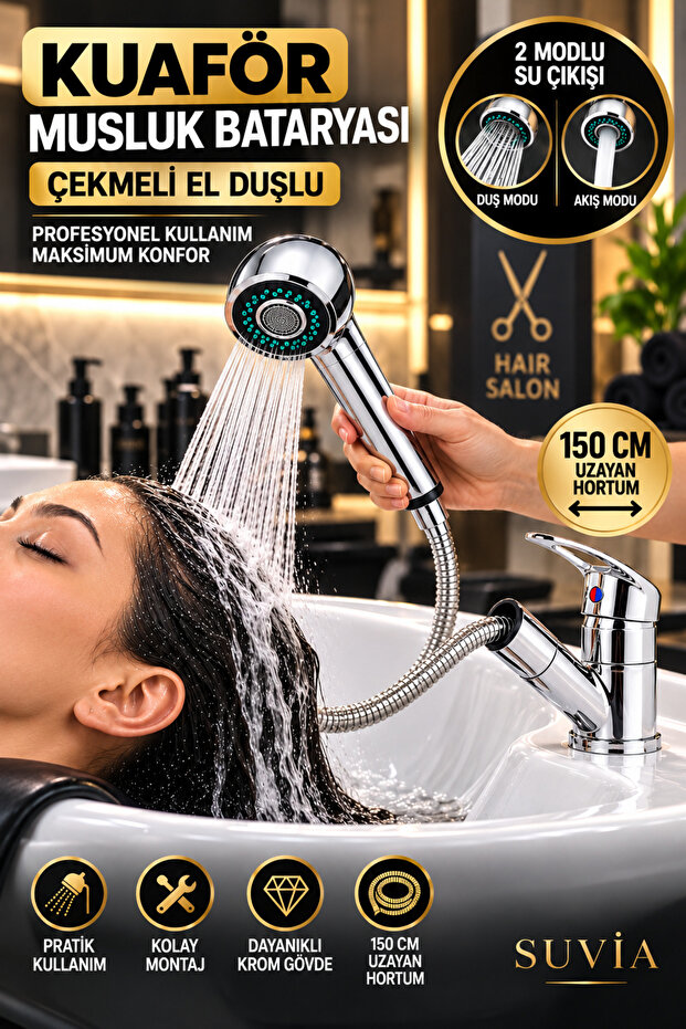 Hairdresser's Barber Faucet with Pull-Out Hand Shower, 2 Functions, 150 cm Extendable Hose, Chrome