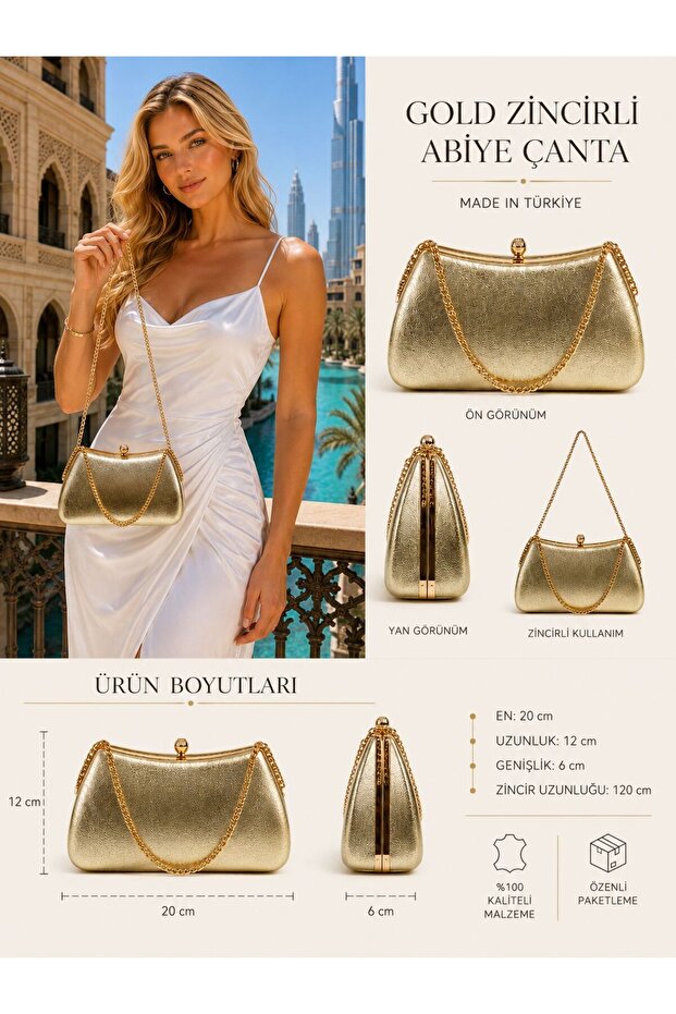Gold Color Rustic Material Design Evening Dress Clutch with Chain Strap Hand-Held Wedding Engagement Evening Bag