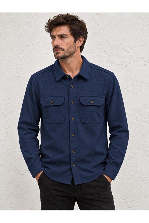 Men's Navy Blue Long Sleeve Regular Fit Double Pocket Shirt