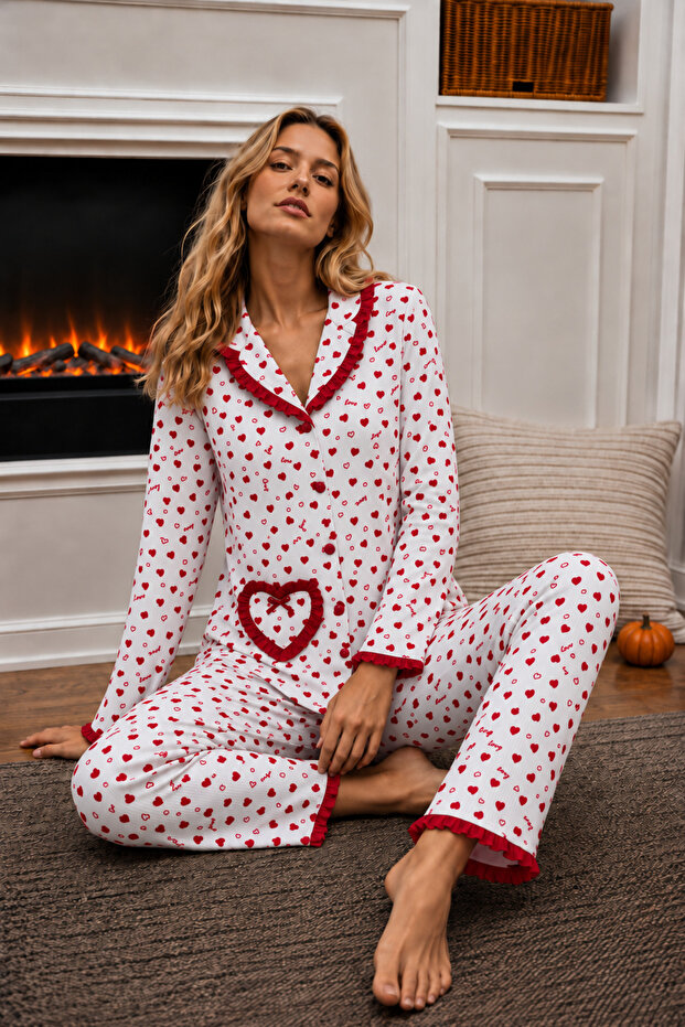 Ruffled Viscose Detailed Baby Collar Buttoned Long Sleeve Patterned Pajama Set