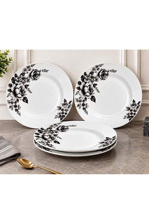11 Inch Deep Plate Set of 4, Grey Flora Floral Design Dinner Plates, 28 cm Large Soup Pasta Curry Serving Plates for Home Kitchen Dining,BB1678