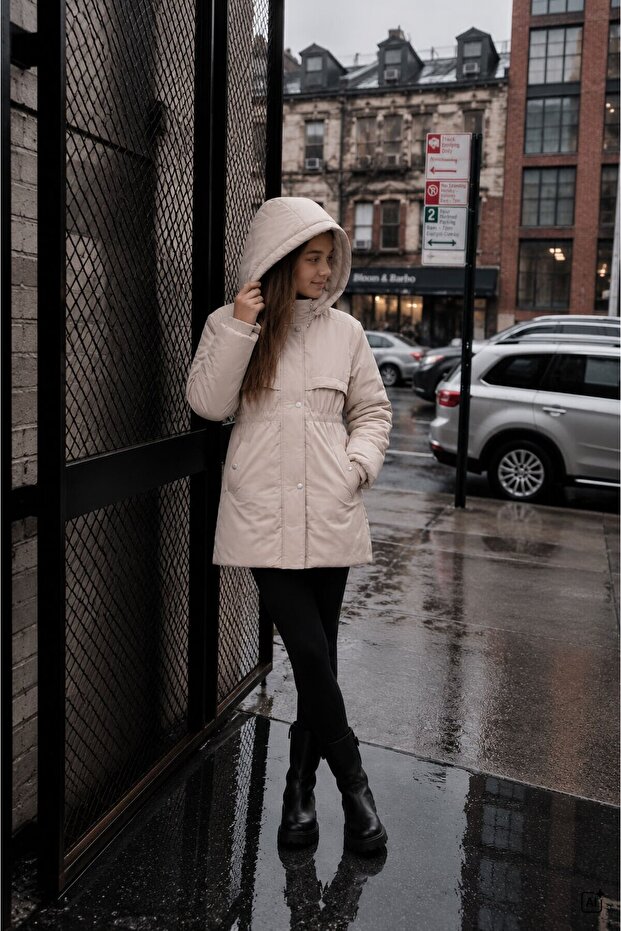 Beige Girls' Plush Fur Hooded Long Cut Inflatable Coat with Elastic Waist 24887