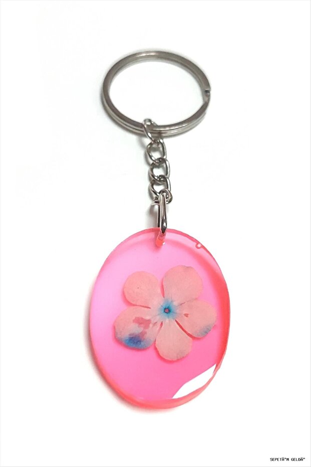 Spt-Gld Snowball Flower Oval Epoxy Keychain (144409) Pink