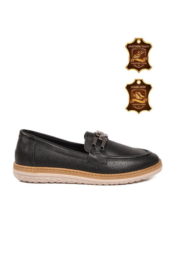 Black Genuine Leather Perforated Breathable Anatomical Comfortable Sole Women's Casual Shoes Z278