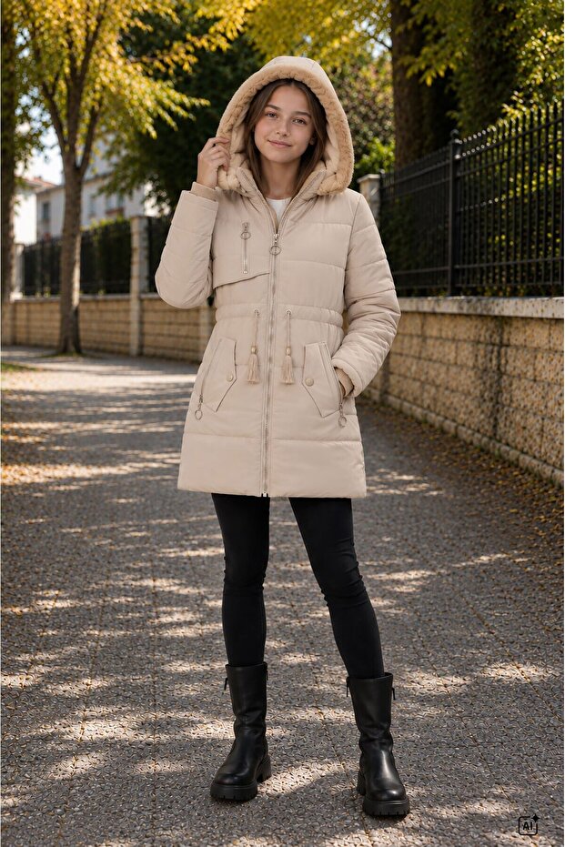 Beige Girls' Plush Fur Inside, Tassel Detailed, Removable Hooded, Long Cut Coat 24869