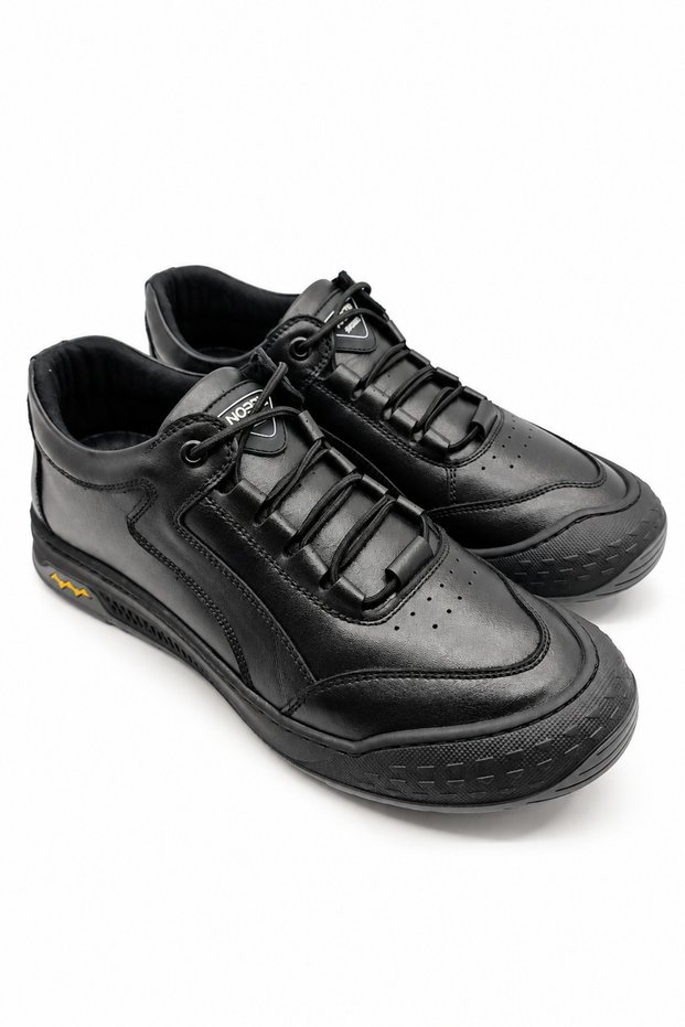 Black Men's 100% Genuine Leather Casual Sports Shoes | Full Orthopedic Internal Structure | Rubber Sole | Rubber Laced | Full Mold | Comfortable Daily Sneaker | Stylish and Comfortable Black Men's Shoe Model