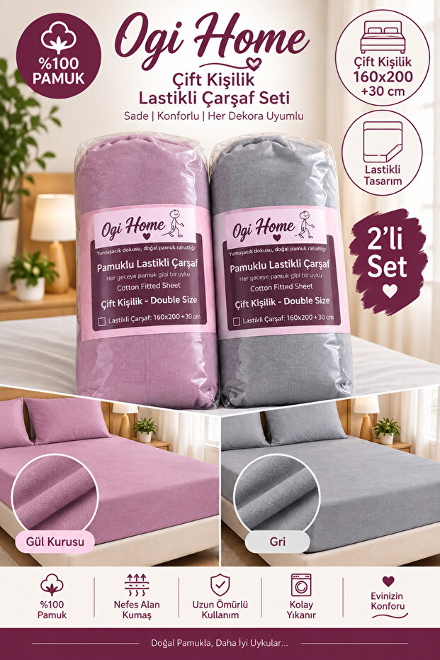 2-Piece Double Elastic Sheet Set 160X200+20 cm - Cotton Fitted Sheet Without Pillowcase (Dried Rose & Mint)