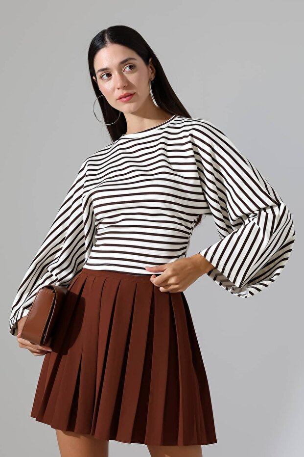 Women's Modal Striped Wide Sleeve Waist-Fitted Blouse