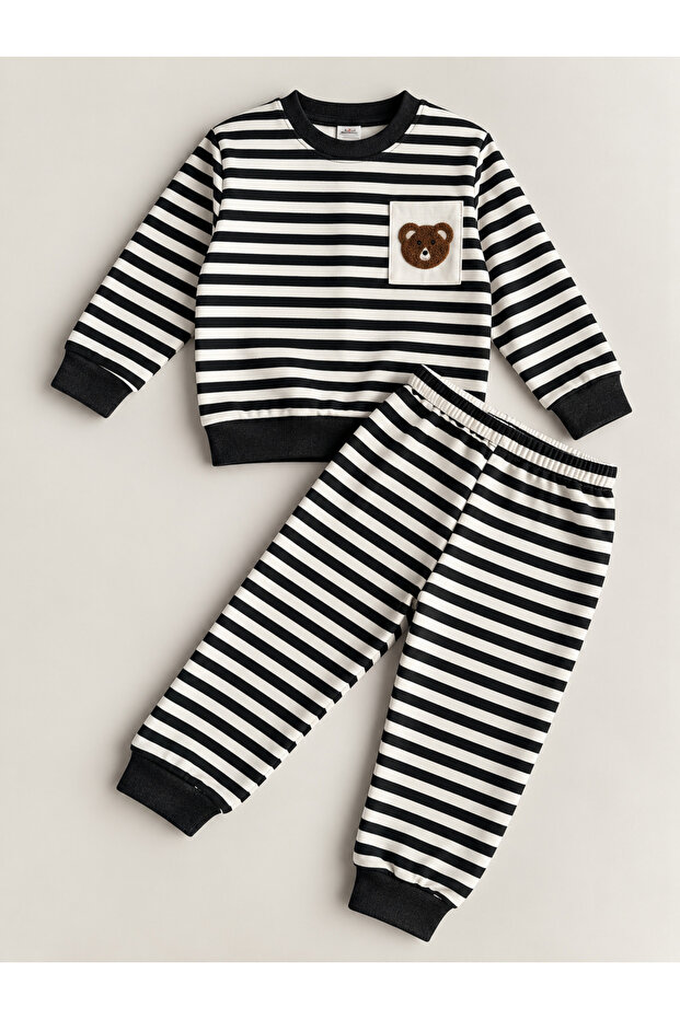 Boy's Embroidered Striped Suit with Teddy Bear Motif