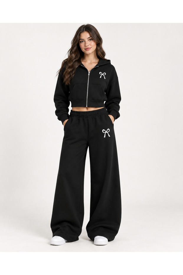 Women's Bowknot Printed Zippered Cardigan - Loose Leg Sweatpants Bottom-Top 2-Piece Set